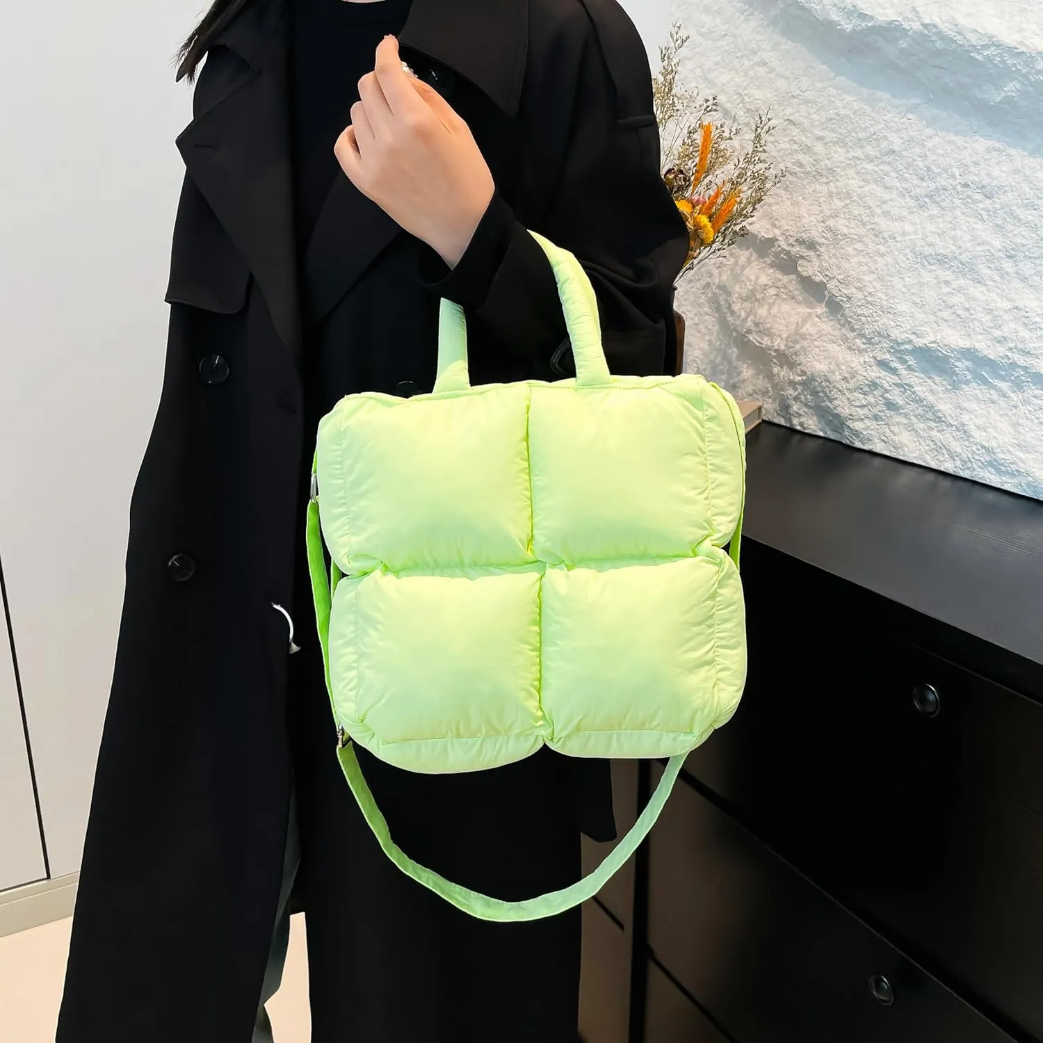 Puffer Tote Bag for Women, Small Quilted Puffy Handbag Cotton Padded Trendy Satchel Shoulder Crossbody Purse