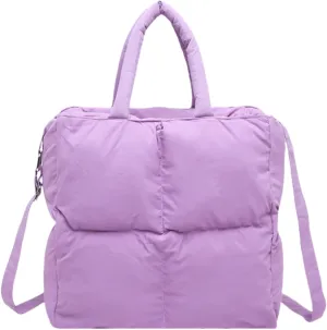 Puffer Tote Bag for Women, Small Quilted Puffy Handbag Cotton Padded Trendy Satchel Shoulder Crossbody Purse