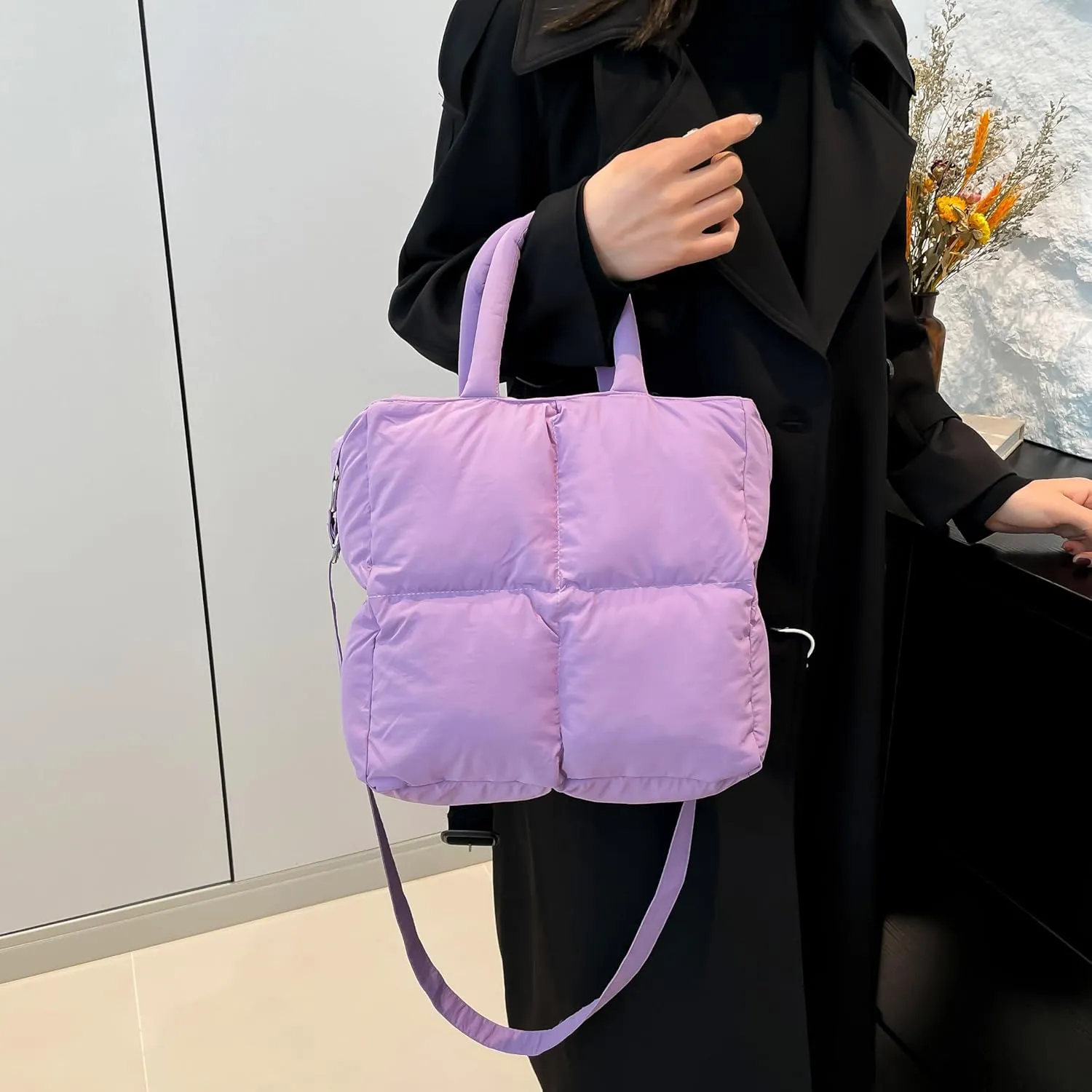 Puffer Tote Bag for Women, Small Quilted Puffy Handbag Cotton Padded Trendy Satchel Shoulder Crossbody Purse