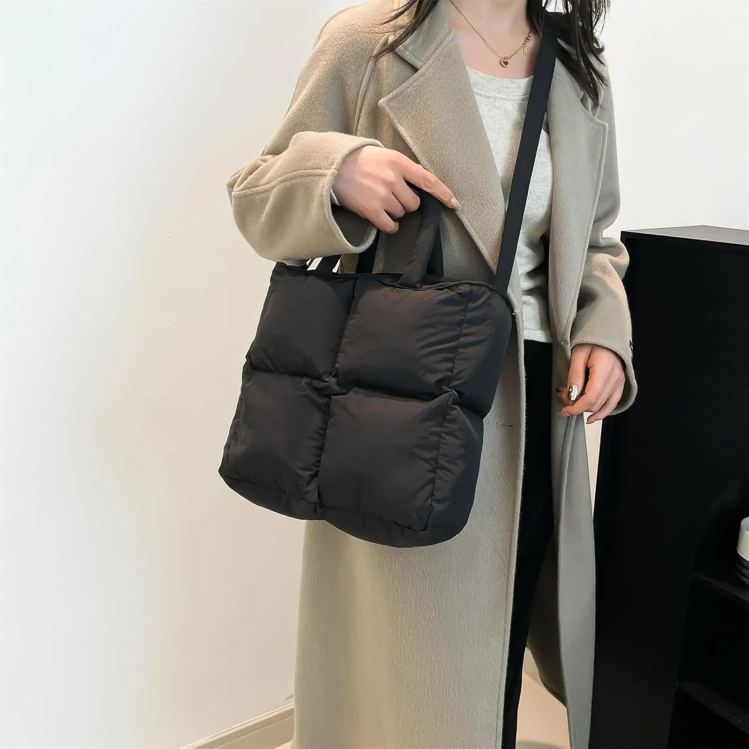 Puffer Tote Bag for Women, Small Quilted Puffy Handbag Cotton Padded Trendy Satchel Shoulder Crossbody Purse
