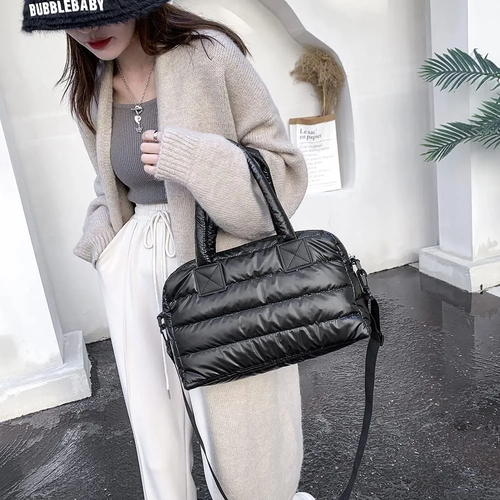 Puffy Shoulder Bag Puffer Top-Handle Crossbody Bag Padded Tote Bag for Women Quilted Satchel Handbag Purse with Zipper