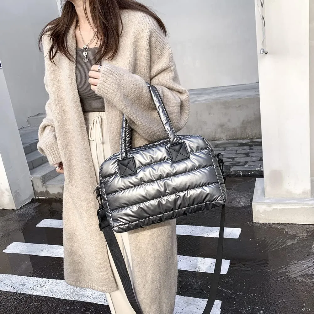 Puffy Shoulder Bag Puffer Top-Handle Crossbody Bag Padded Tote Bag for Women Quilted Satchel Handbag Purse with Zipper