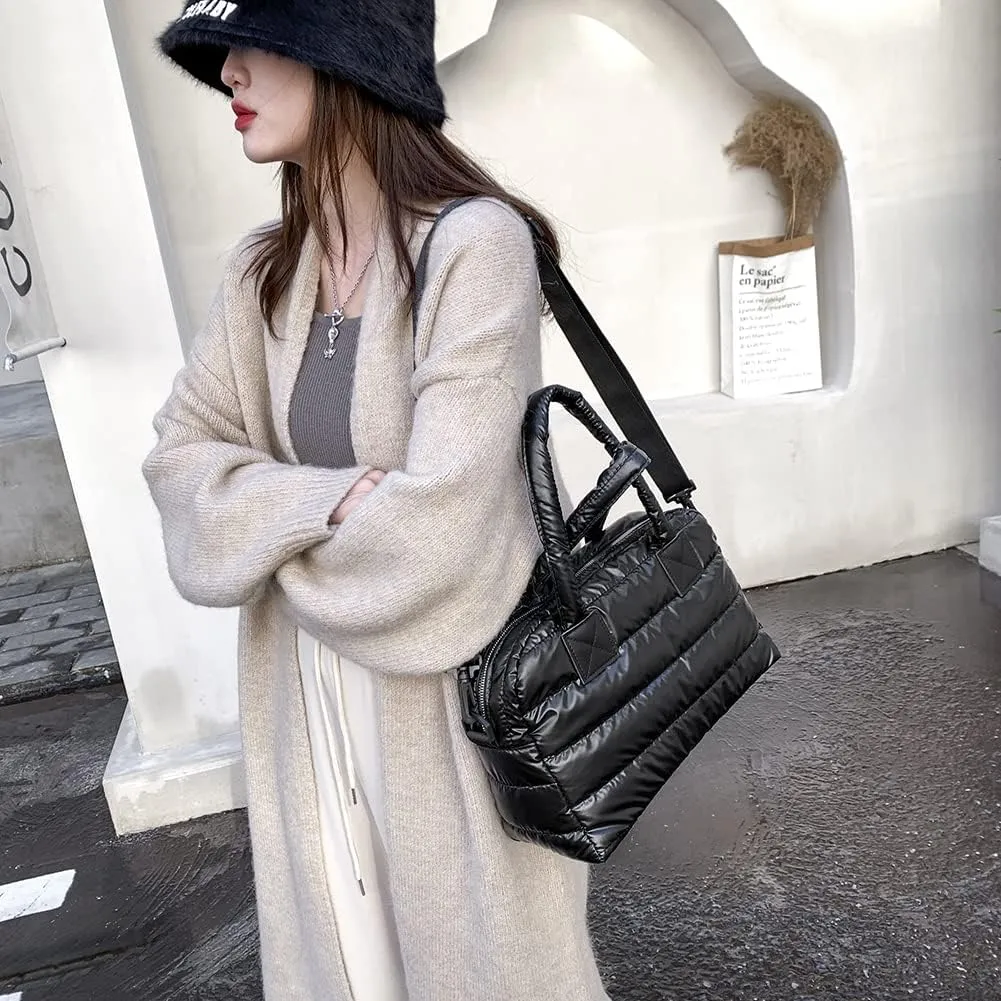 Puffy Shoulder Bag Puffer Top-Handle Crossbody Bag Padded Tote Bag for Women Quilted Satchel Handbag Purse with Zipper