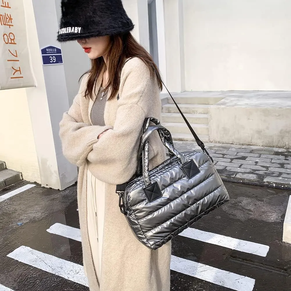Puffy Shoulder Bag Puffer Top-Handle Crossbody Bag Padded Tote Bag for Women Quilted Satchel Handbag Purse with Zipper