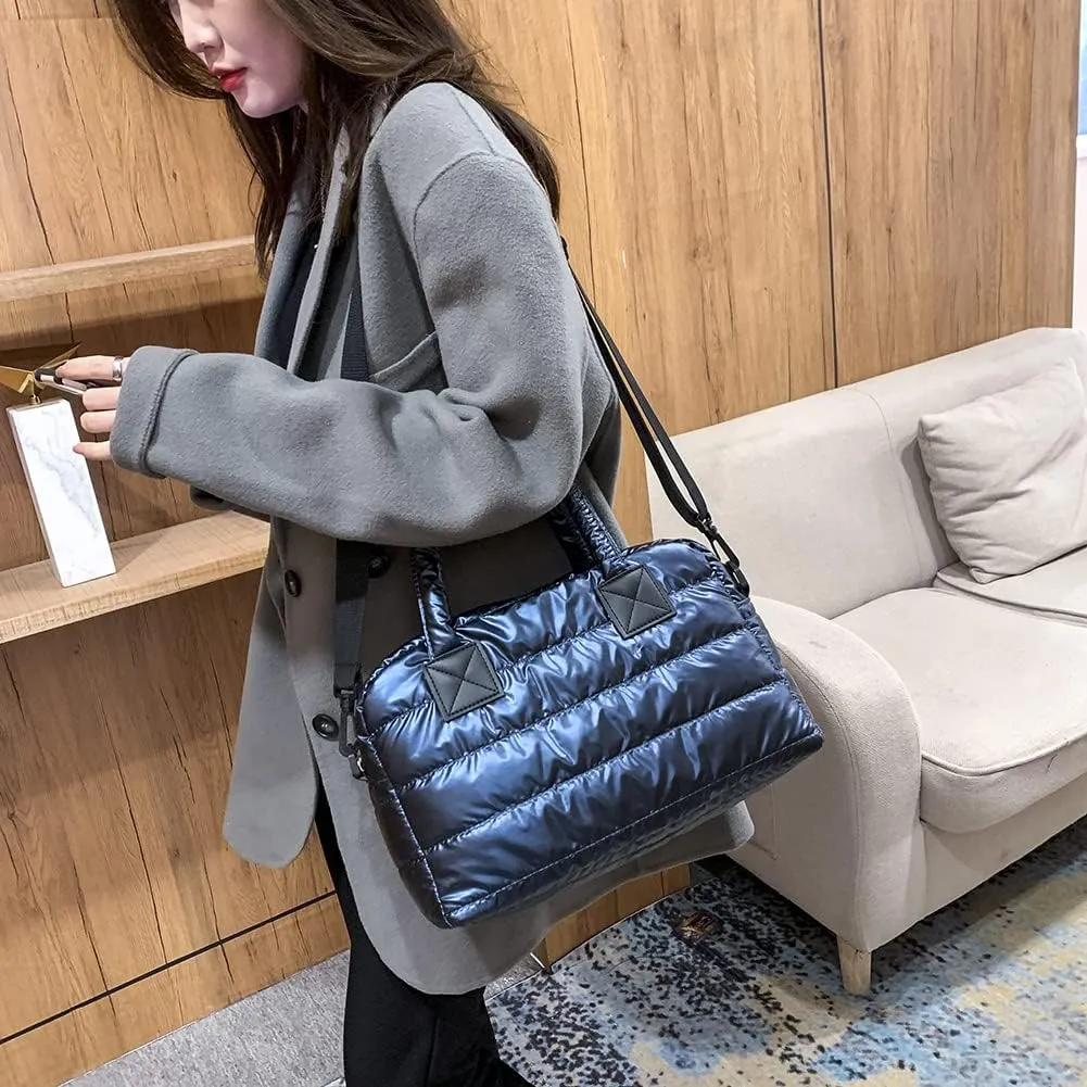 Puffy Shoulder Bag Puffer Top-Handle Crossbody Bag Padded Tote Bag for Women Quilted Satchel Handbag Purse with Zipper