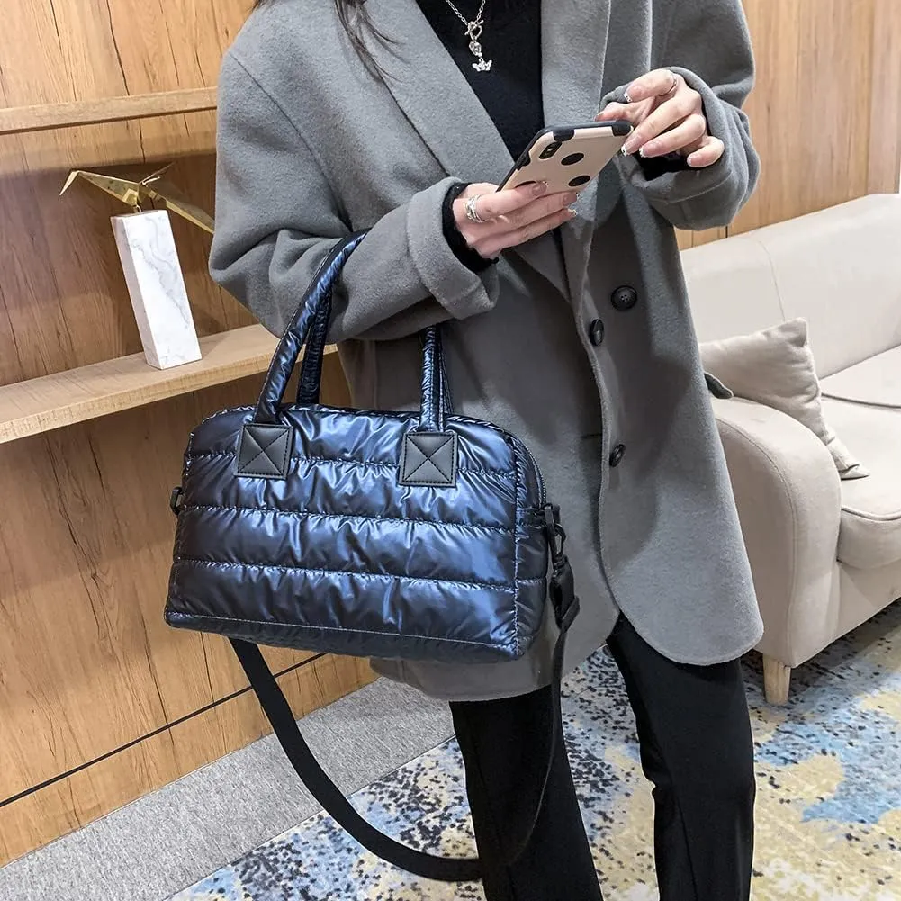 Puffy Shoulder Bag Puffer Top-Handle Crossbody Bag Padded Tote Bag for Women Quilted Satchel Handbag Purse with Zipper
