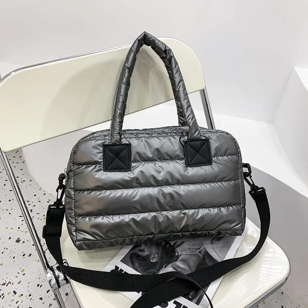 Puffy Shoulder Bag Puffer Top-Handle Crossbody Bag Padded Tote Bag for Women Quilted Satchel Handbag Purse with Zipper