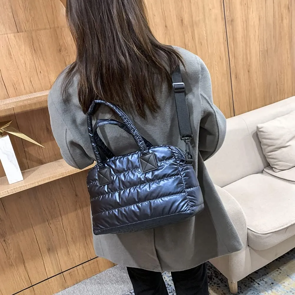 Puffy Shoulder Bag Puffer Top-Handle Crossbody Bag Padded Tote Bag for Women Quilted Satchel Handbag Purse with Zipper