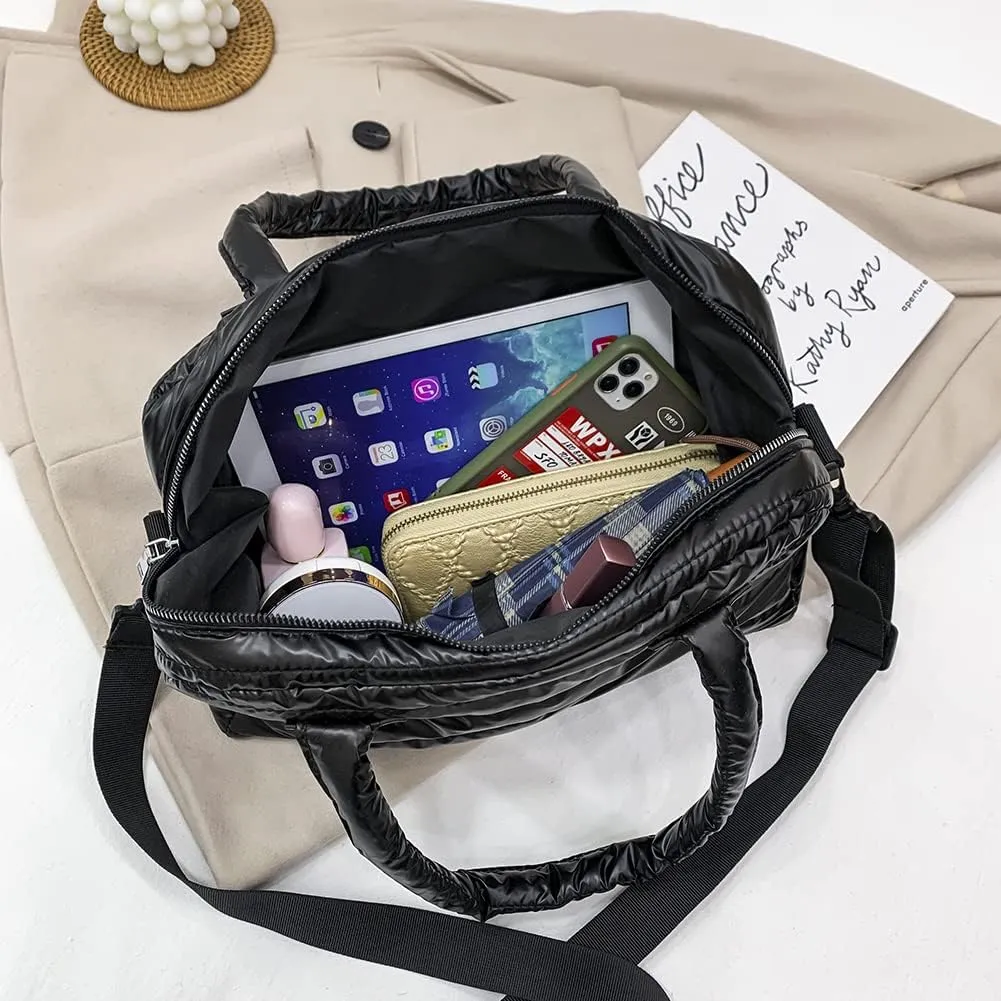 Puffy Shoulder Bag Puffer Top-Handle Crossbody Bag Padded Tote Bag for Women Quilted Satchel Handbag Purse with Zipper