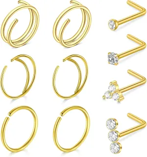 QWALIT 18g & 20g Nose Rings & Hoops - L & C Shape Studs - Surgical Stainless Steel & Silver Nose Piercing Jewelry - Rose Gold & Black - For Women & Men
