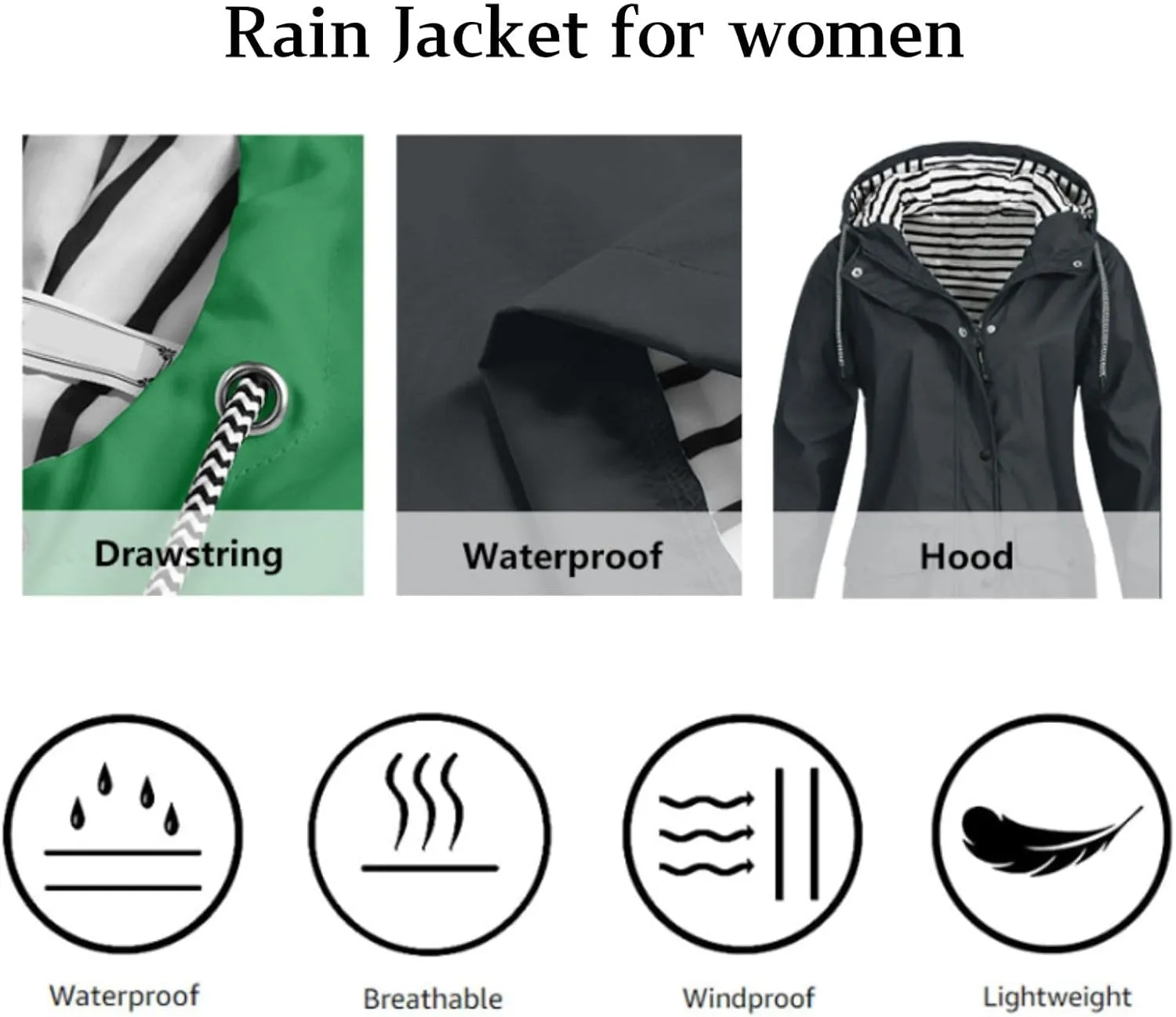 Rain Jacket Women Striped Lined Waterproof Rain Jacket Mid Length Windbreaker Plus Size Raincoat with Hood