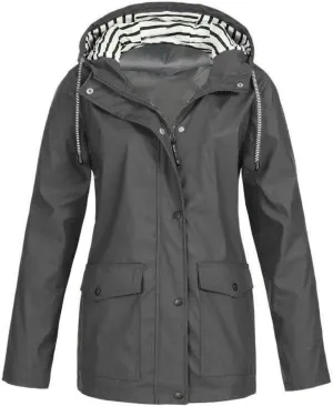 Rain Jacket Women Striped Lined Waterproof Rain Jacket Mid Length Windbreaker Plus Size Raincoat with Hood