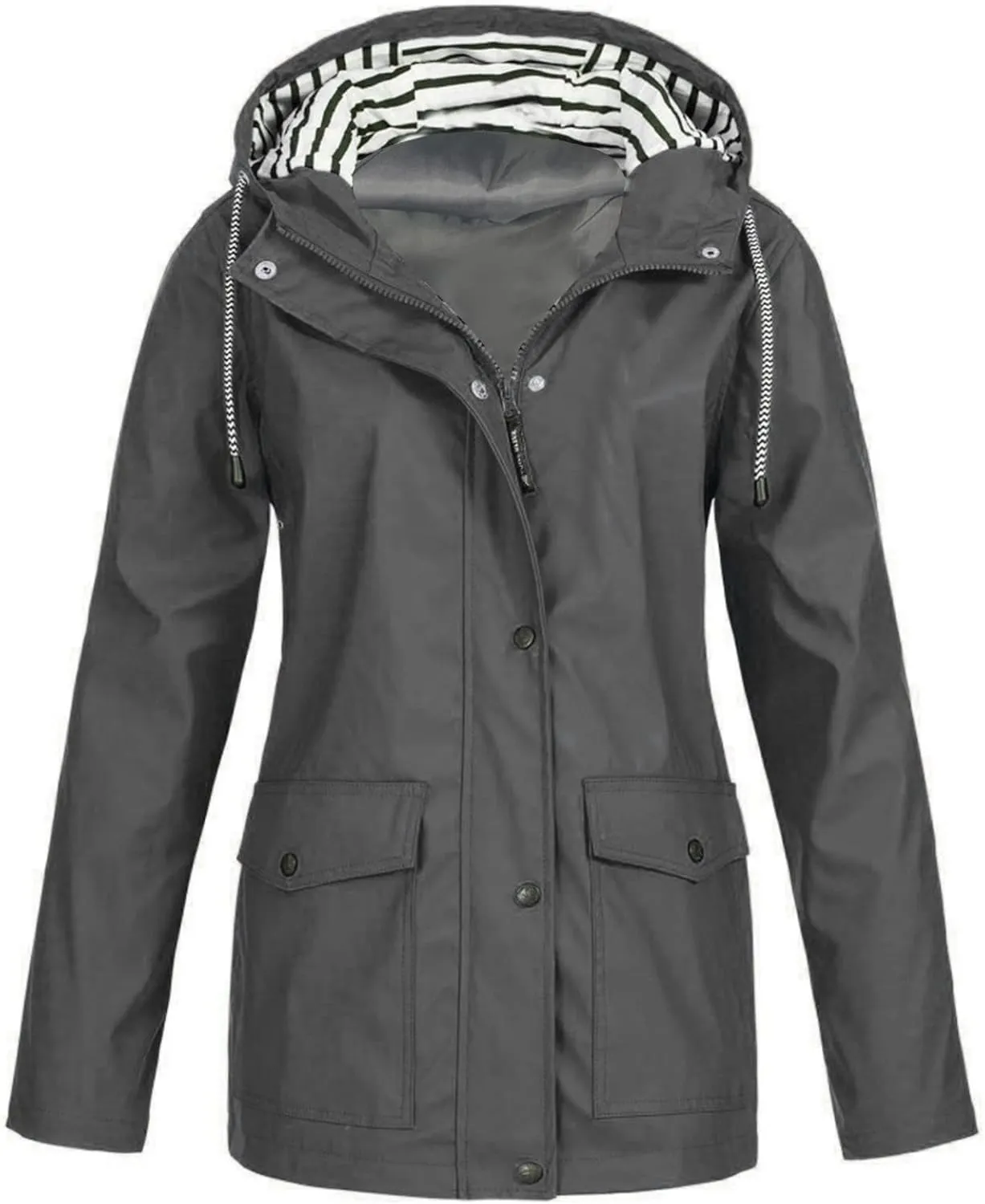 Rain Jacket Women Striped Lined Waterproof Rain Jacket Mid Length Windbreaker Plus Size Raincoat with Hood