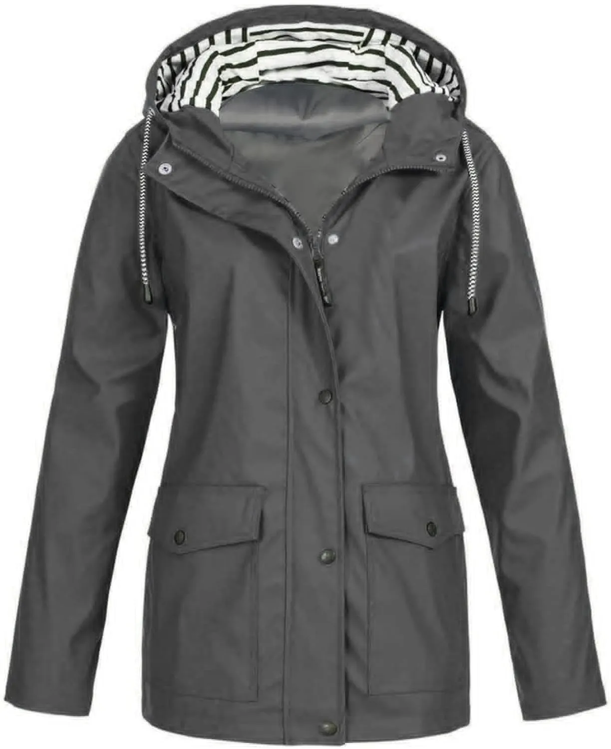 Rain Jacket Women Striped Lined Waterproof Rain Jacket Mid Length Windbreaker Plus Size Raincoat with Hood