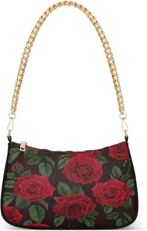 Red Rose Flower Floral Shoulder Handbags for Women Travel Hobo Tote Handbag Women Gold Chain Shoulder Bags Purse with Zipper Closure