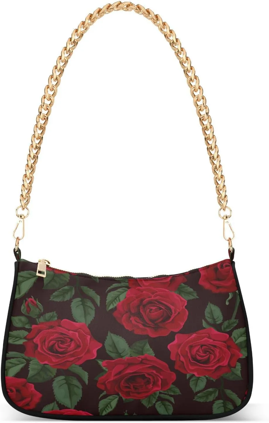 Red Rose Flower Floral Shoulder Handbags for Women Travel Hobo Tote Handbag Women Gold Chain Shoulder Bags Purse with Zipper Closure