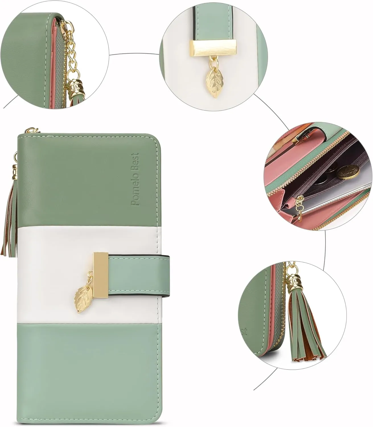 RFID Blocking Leather Wallets Phone Wallets for Women with Multiple Card Slots and Cellphone Compartment, Light Green