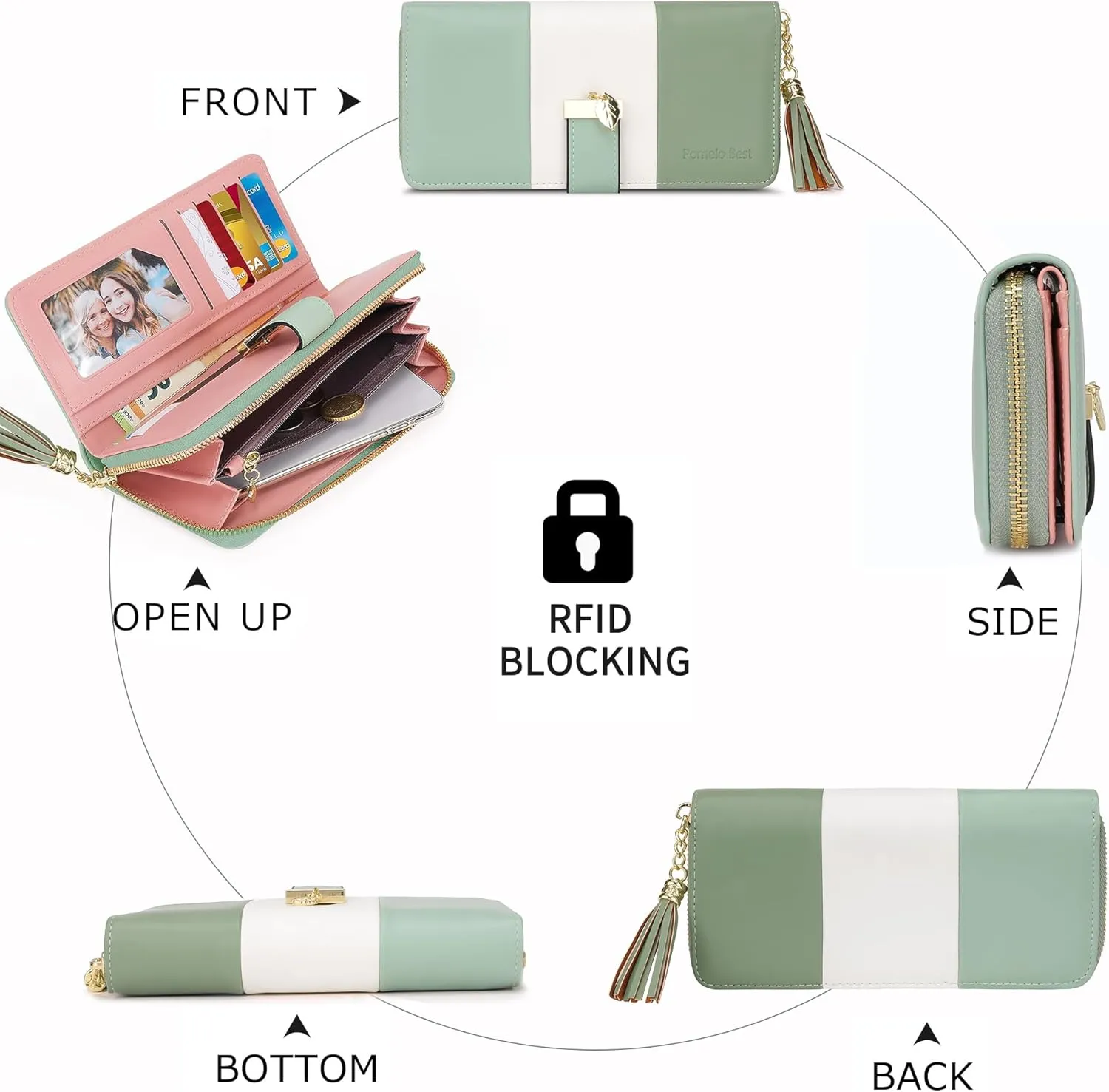 RFID Blocking Leather Wallets Phone Wallets for Women with Multiple Card Slots and Cellphone Compartment, Light Green