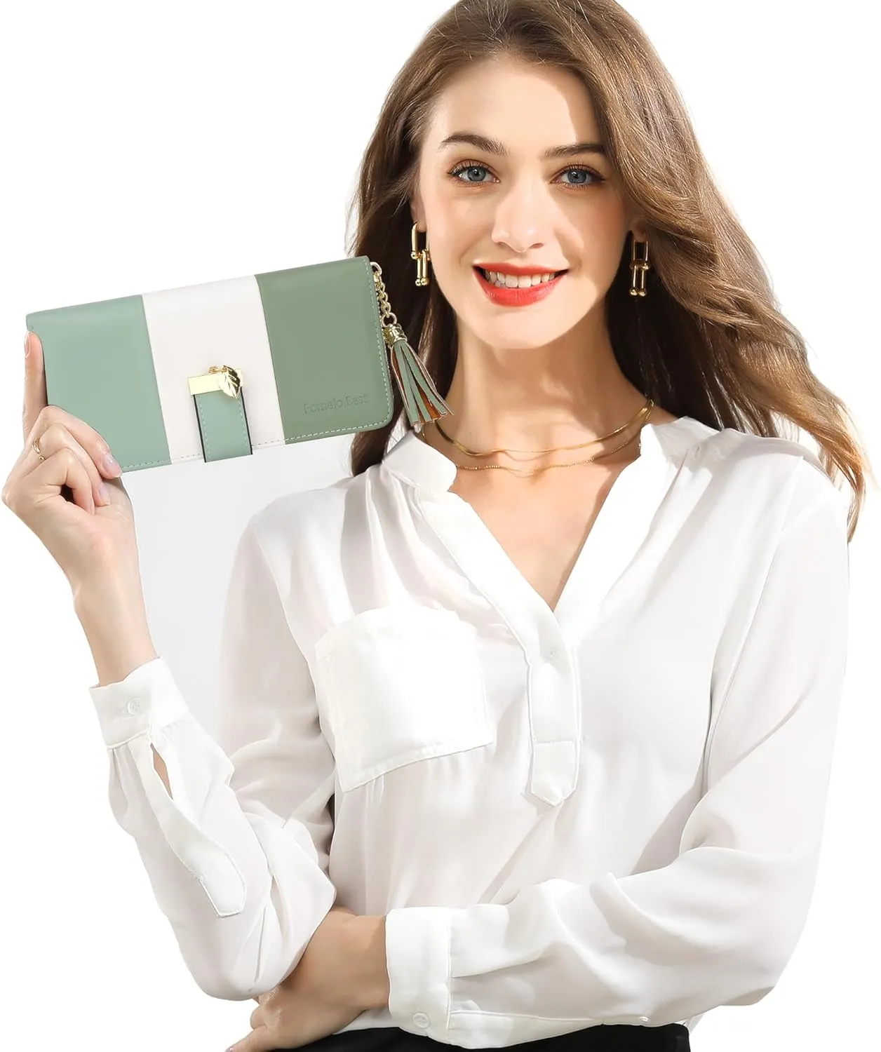 RFID Blocking Leather Wallets Phone Wallets for Women with Multiple Card Slots and Cellphone Compartment, Light Green