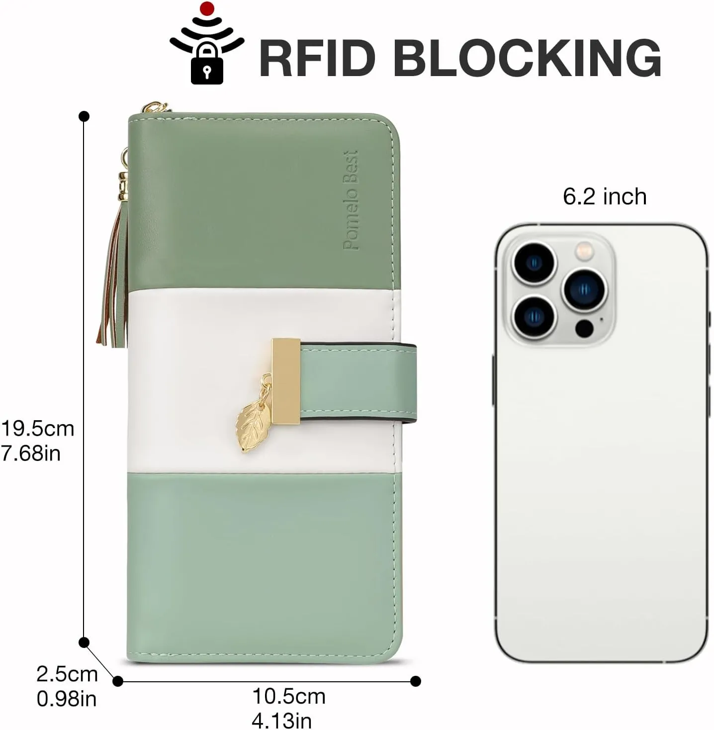 RFID Blocking Leather Wallets Phone Wallets for Women with Multiple Card Slots and Cellphone Compartment, Light Green