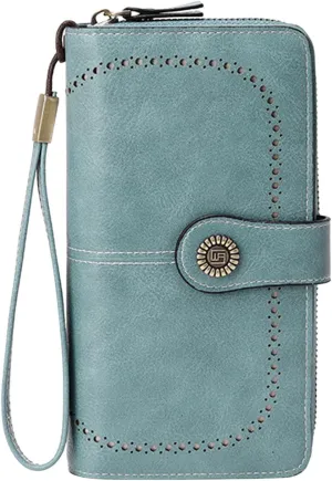 Rfid Wallet Women, Leather Wallet Wristlet, Rfid Blocking Zip Around Large Capacity Bifold Credit Card Holder Clutch Purses