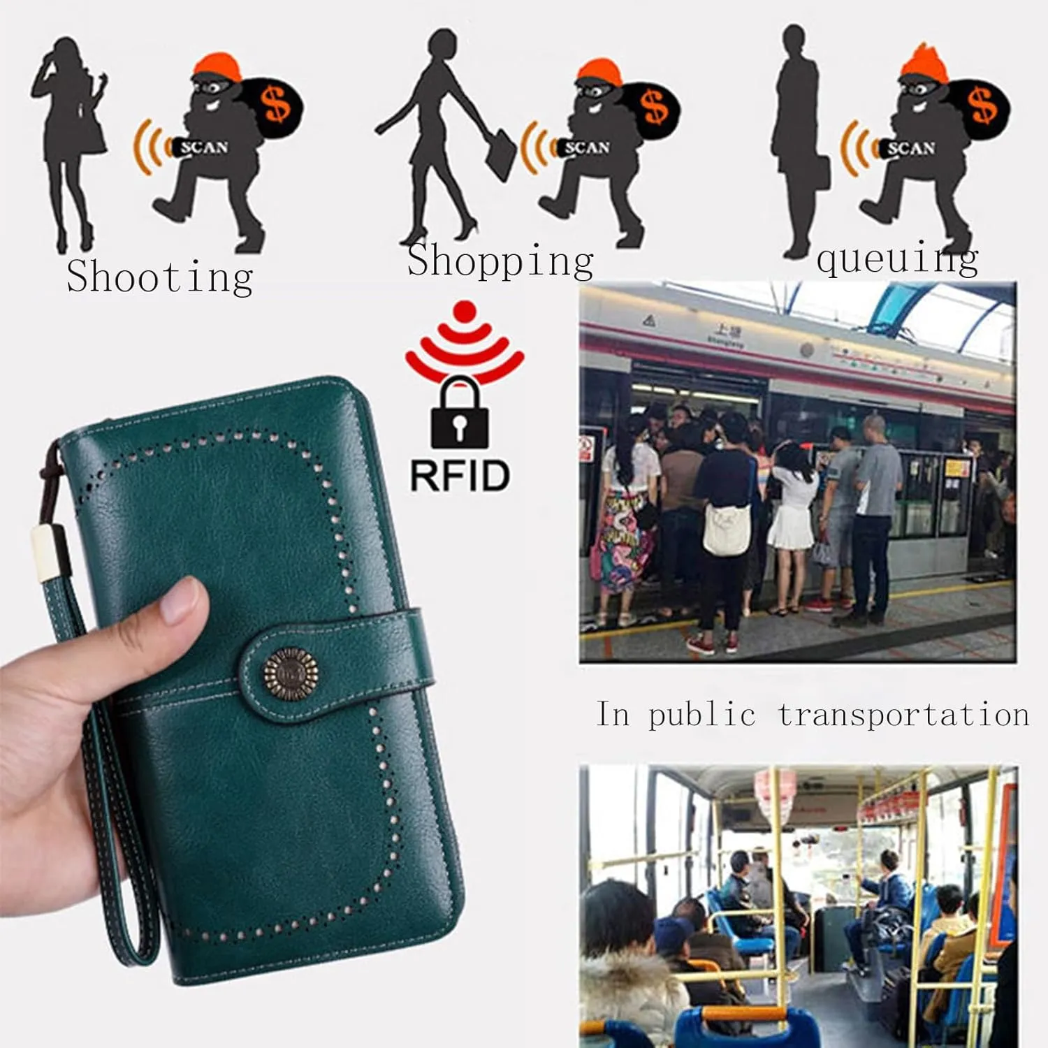 Rfid Wallet Women, Leather Wallet Wristlet, Rfid Blocking Zip Around Large Capacity Bifold Credit Card Holder Clutch Purses