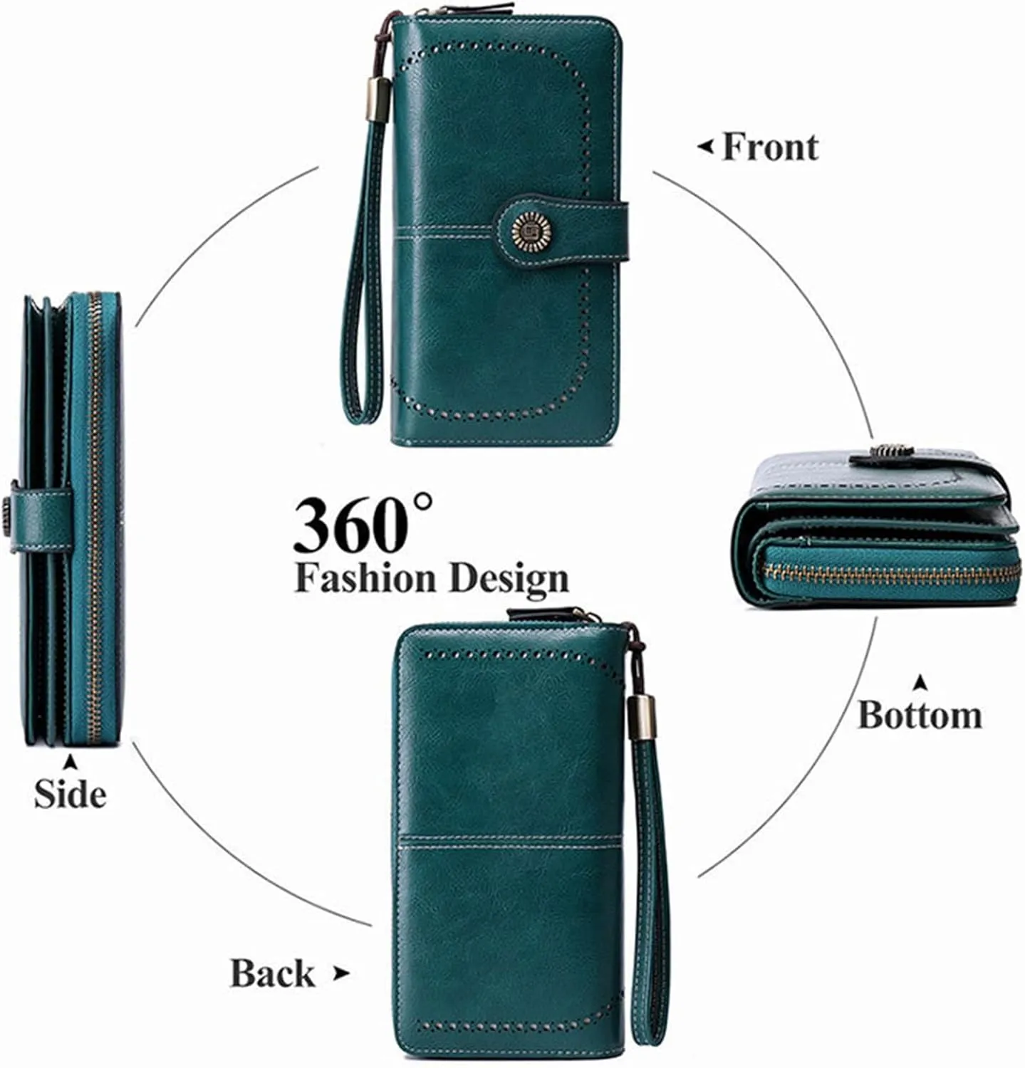 Rfid Wallet Women, Leather Wallet Wristlet, Rfid Blocking Zip Around Large Capacity Bifold Credit Card Holder Clutch Purses