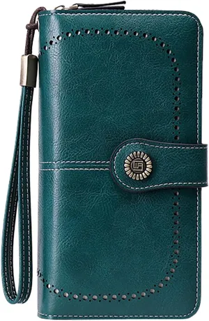 Rfid Wallet Women, Leather Wallet Wristlet, Rfid Blocking Zip Around Large Capacity Bifold Credit Card Holder Clutch Purses