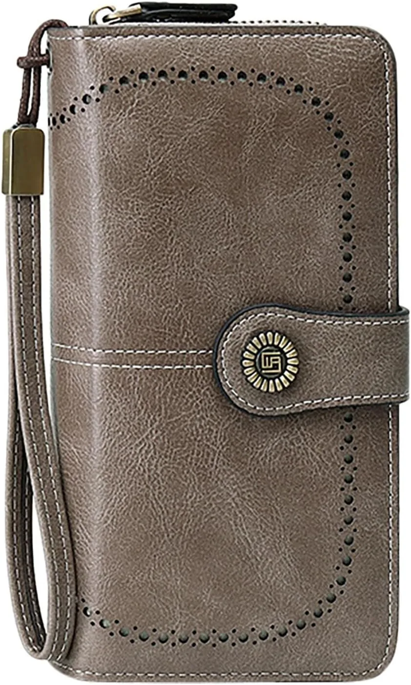 Rfid Wallet Women, Leather Wallet Wristlet, Rfid Blocking Zip Around Large Capacity Bifold Credit Card Holder Clutch Purses