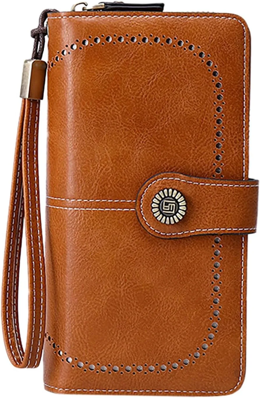Rfid Wallet Women, Leather Wallet Wristlet, Rfid Blocking Zip Around Large Capacity Bifold Credit Card Holder Clutch Purses
