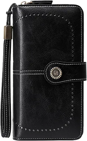Rfid Wallet Women, Leather Wallet Wristlet, Rfid Blocking Zip Around Large Capacity Bifold Credit Card Holder Clutch Purses