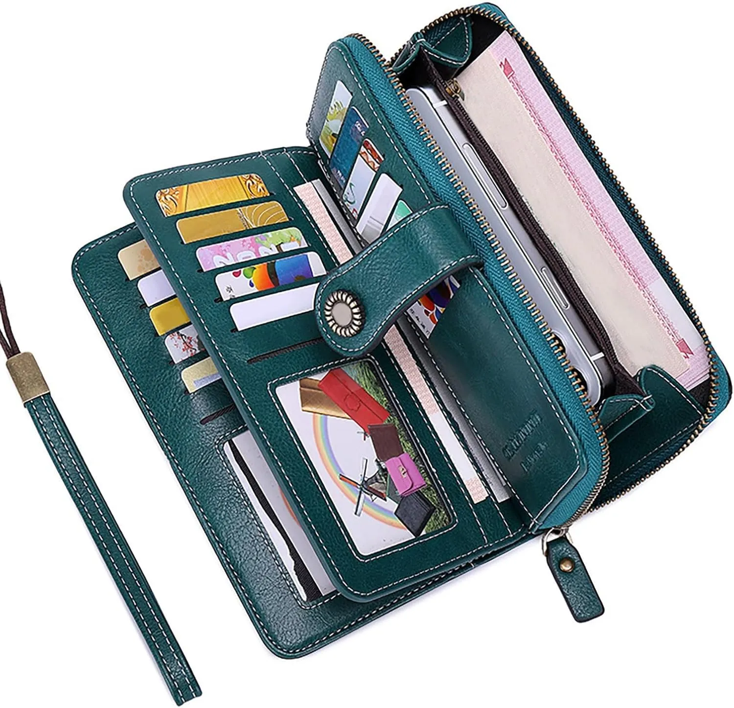 Rfid Wallet Women, Leather Wallet Wristlet, Rfid Blocking Zip Around Large Capacity Bifold Credit Card Holder Clutch Purses