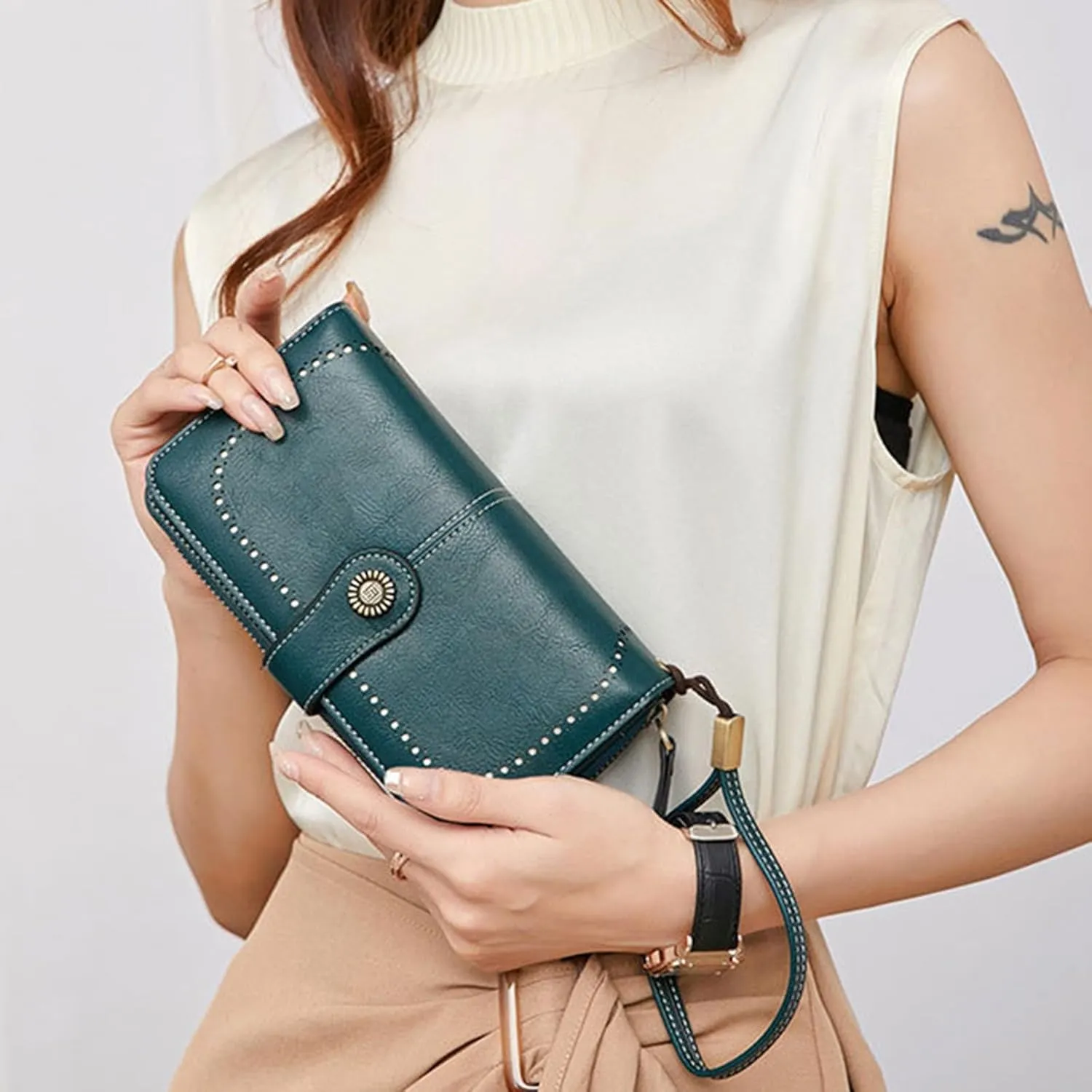 Rfid Wallet Women, Leather Wallet Wristlet, Rfid Blocking Zip Around Large Capacity Bifold Credit Card Holder Clutch Purses