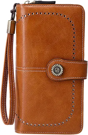 Rfid Wallet Women, Leather Wallet Wristlet, Rfid Blocking Zip Around Large Capacity Bifold Credit Card Holder Clutch Purses