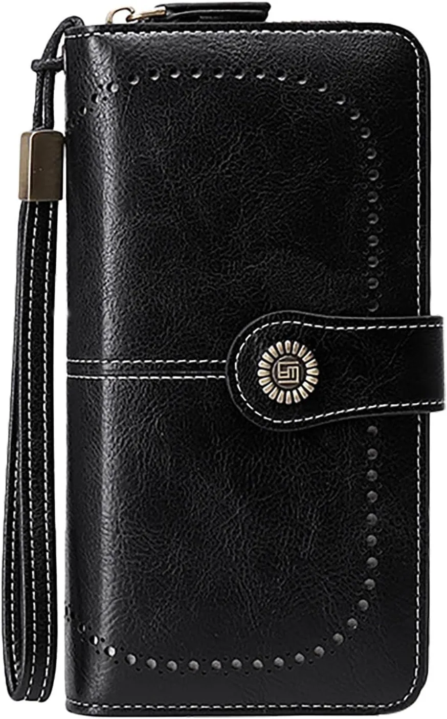 Rfid Wallet Women, Leather Wallet Wristlet, Rfid Blocking Zip Around Large Capacity Bifold Credit Card Holder Clutch Purses