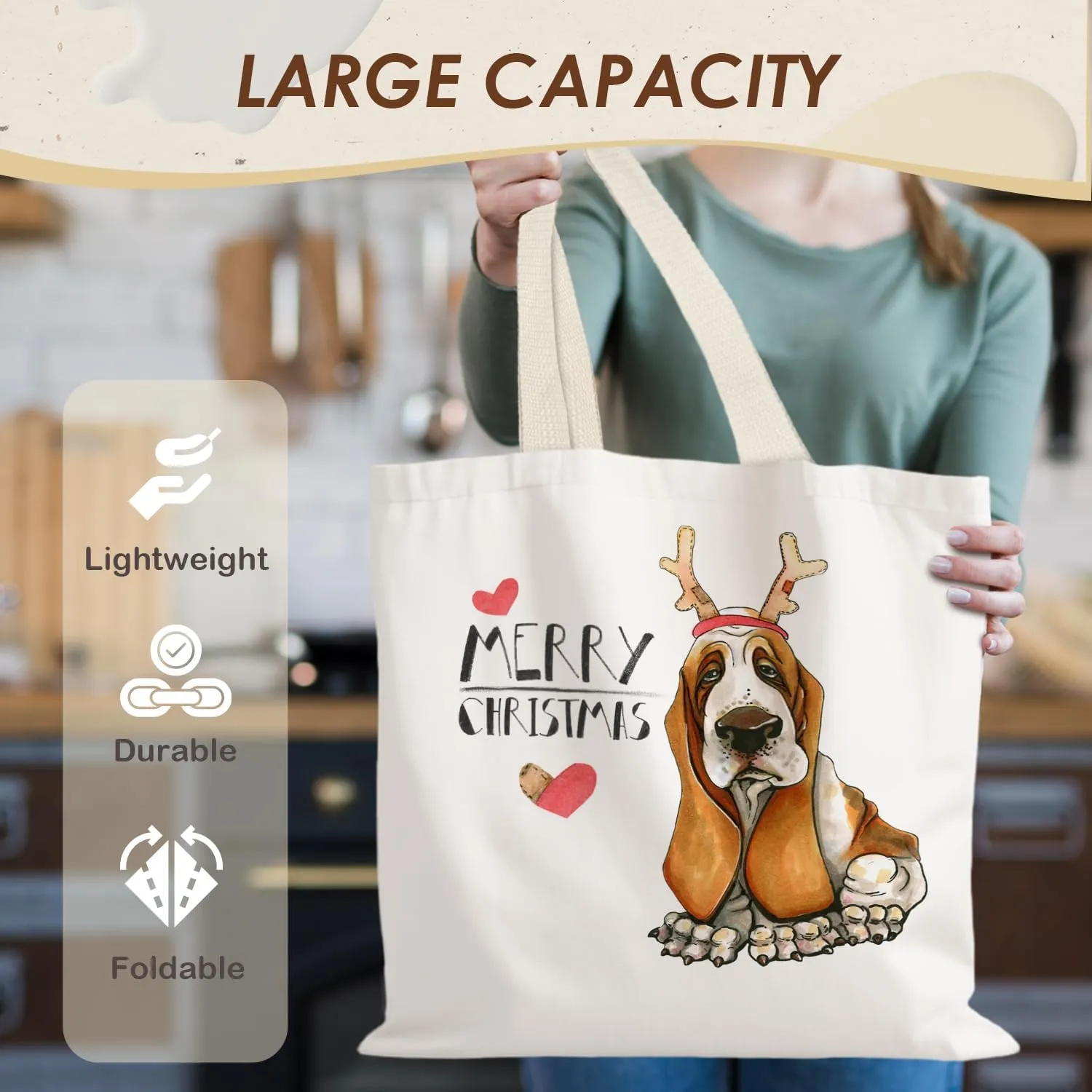 Santa Claus dogs cats cows Christmas Tote Bags for Woman,Reusable Grocery Bags Shopping Bags
