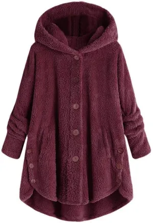 Sherpa Jacket Women Fuzzy Fleece Button Down Long Sleeve Casual Plush Cardigans Jacket Open Front Soft Hooded Coat