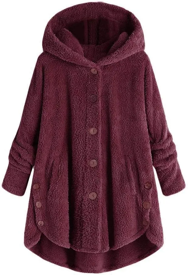 Sherpa Jacket Women Fuzzy Fleece Button Down Long Sleeve Casual Plush Cardigans Jacket Open Front Soft Hooded Coat