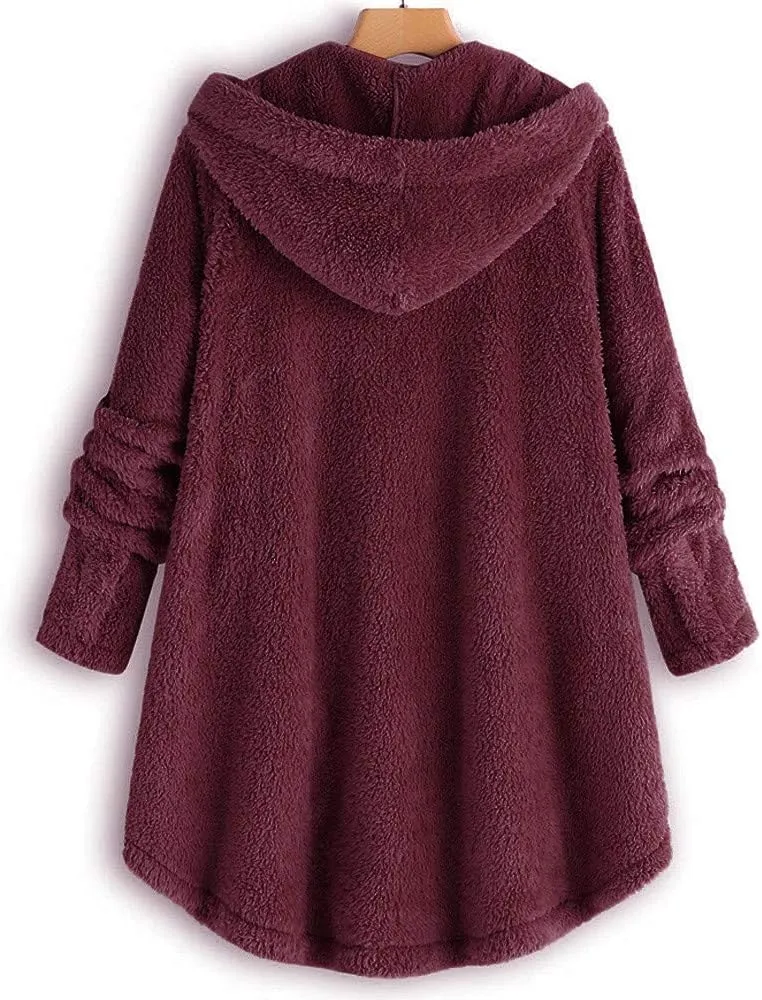 Sherpa Jacket Women Fuzzy Fleece Button Down Long Sleeve Casual Plush Cardigans Jacket Open Front Soft Hooded Coat
