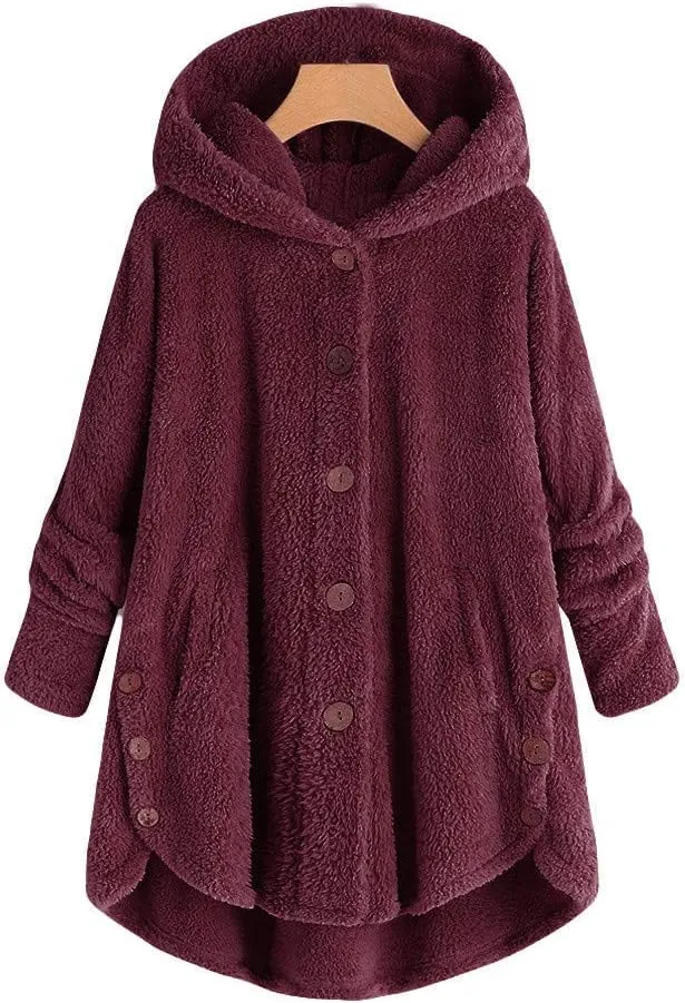 Sherpa Jacket Women Fuzzy Fleece Button Down Long Sleeve Casual Plush Cardigans Jacket Open Front Soft Hooded Coat