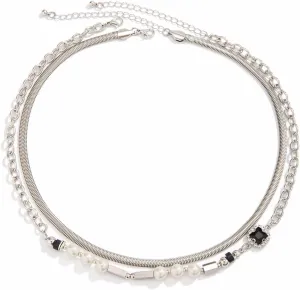Silver Necklace Vintage, Cute Necklaces for Men Double Layer with Geometry and Pearls Matching Necklaces Alloy 52cm