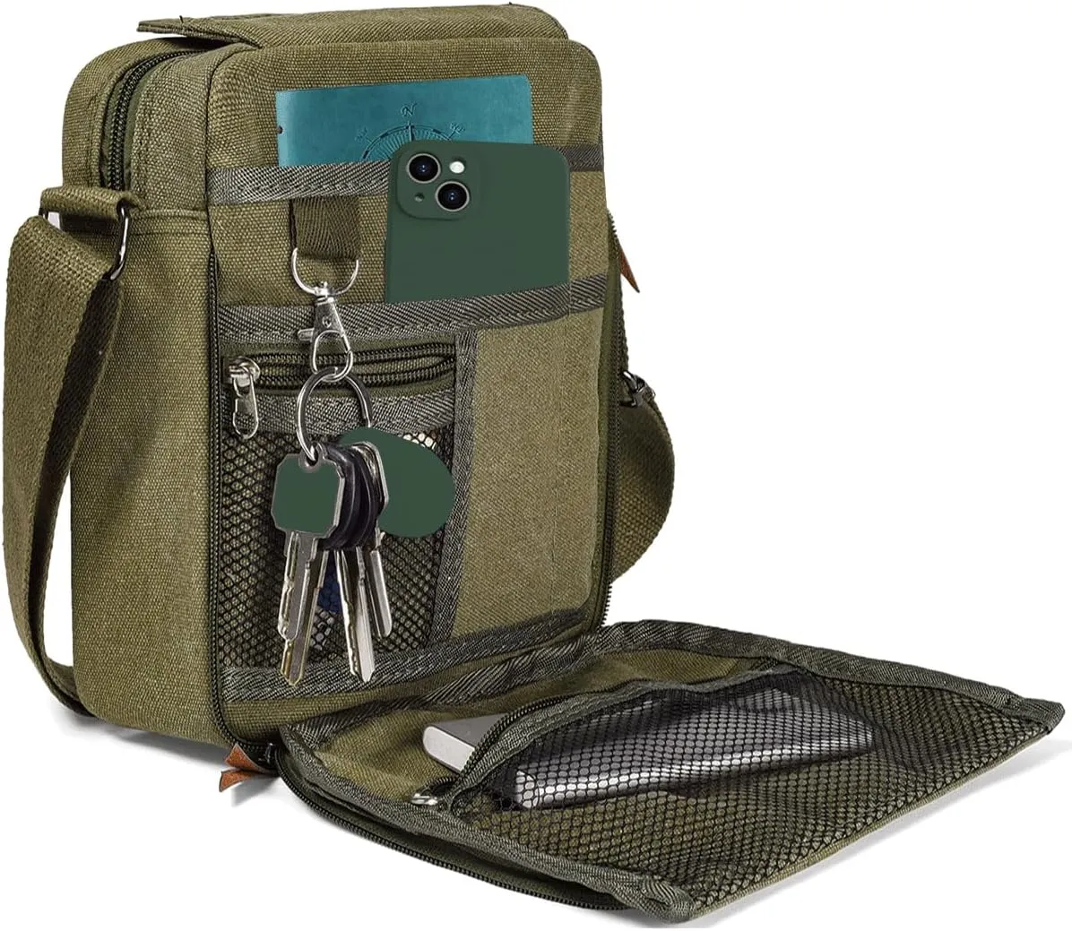 Small Canvas Messenger Bag Chest Bag Travel Bag, Mini Crossbody Bag Shoulder Bag for Men Women Multi Pocket Purses