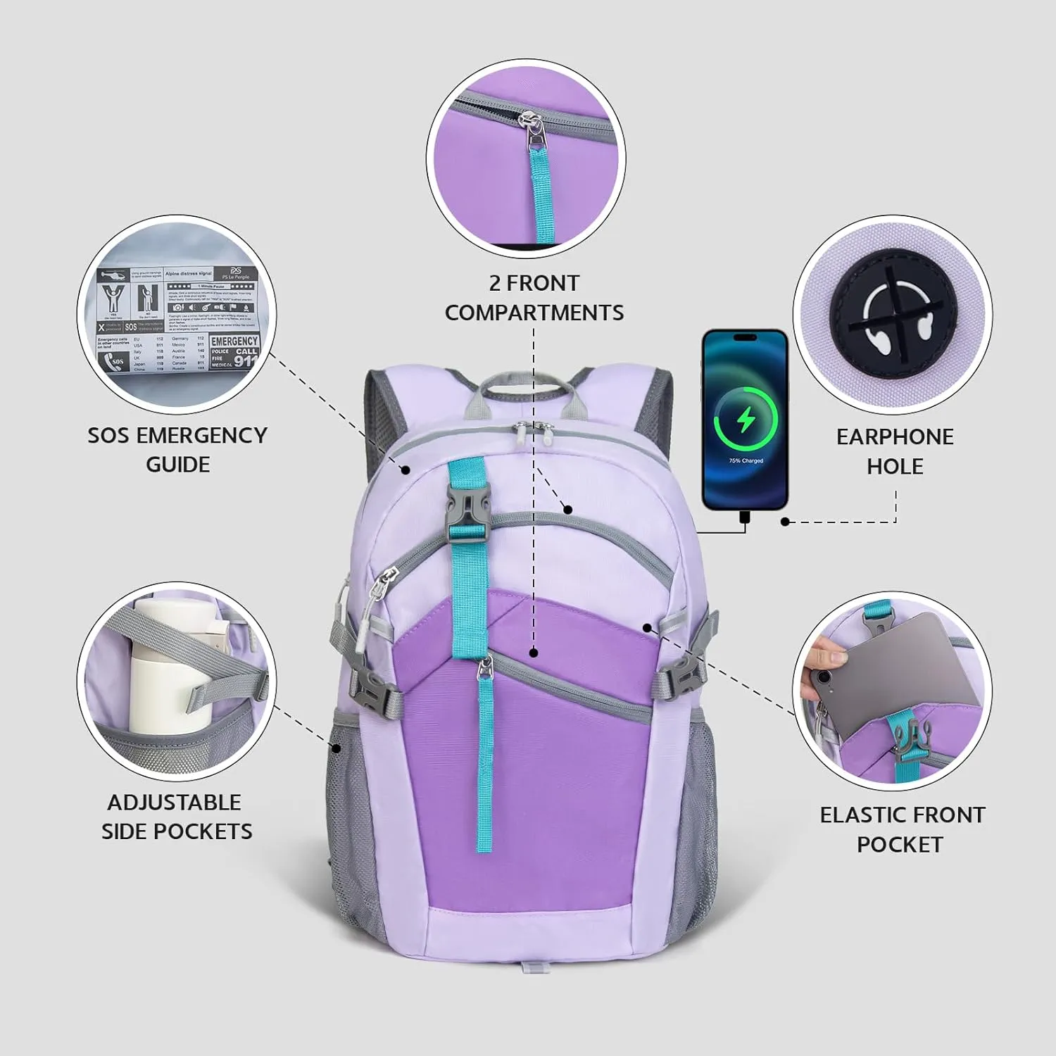 Small Hiking Backpack, 20L Lightweight Travel Backpack with Phone Pocket, Hiking Daypack for Women Men,Purple