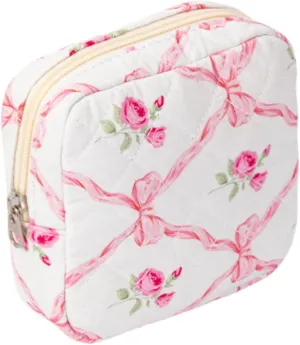 Small Quilted Makeup Bag for Purse, Mini Coquette Aesthetic Travel Bag Cute Cosmetic Pouch with Inner Pockets Bowknot Toiletry Organizer Storage Case (Y#Pink Bow)