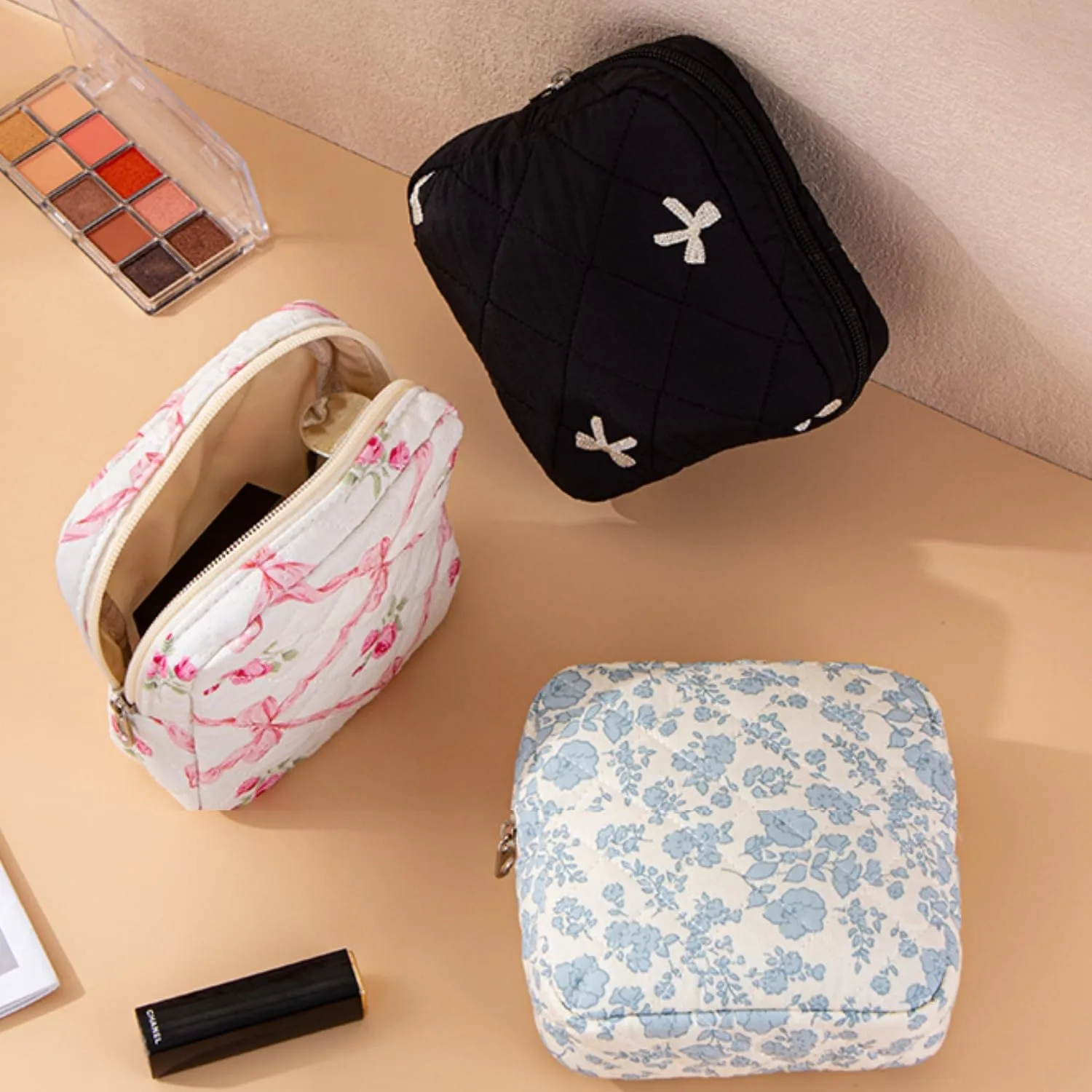 Small Quilted Makeup Bag for Purse, Mini Coquette Aesthetic Travel Bag Cute Cosmetic Pouch with Inner Pockets Bowknot Toiletry Organizer Storage Case (Y#Pink Bow)