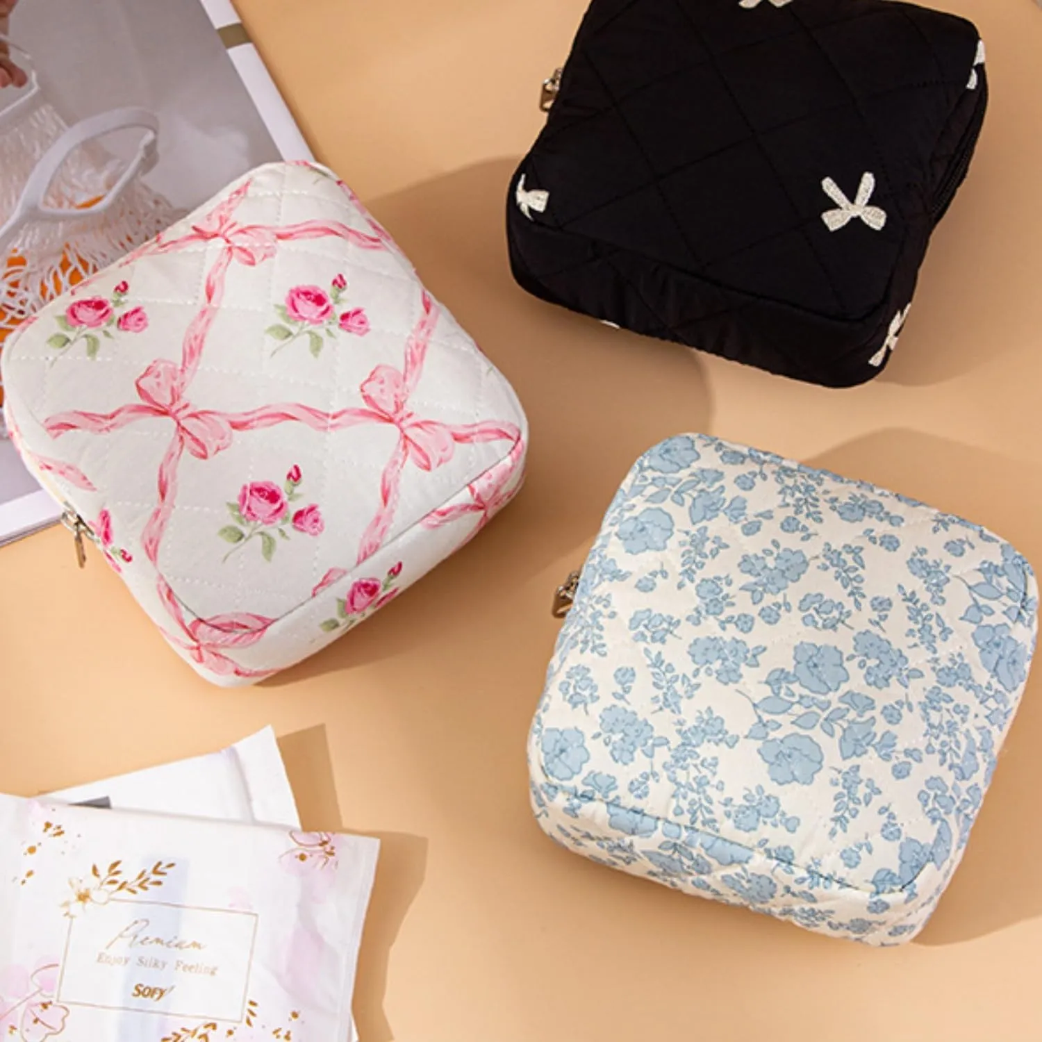 Small Quilted Makeup Bag for Purse, Mini Coquette Aesthetic Travel Bag Cute Cosmetic Pouch with Inner Pockets Bowknot Toiletry Organizer Storage Case (Y#Pink Bow)