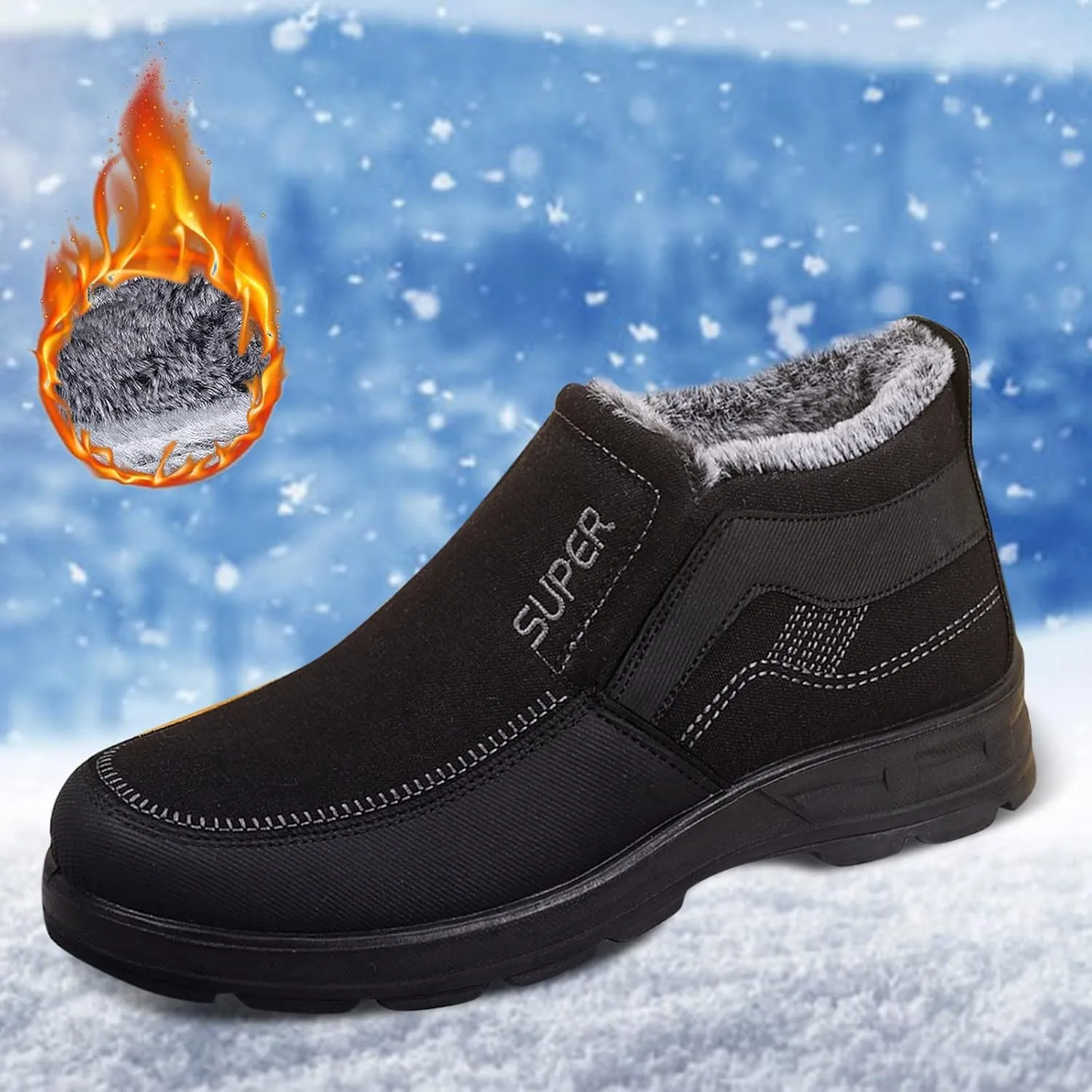 Snow Boots for Men Warm Faux Furry Lined Footwear Waterproof Outdoor Lightweight Winter Boots Slip on Ankle Booties Non-slip Hiking Boot Trekking Boots