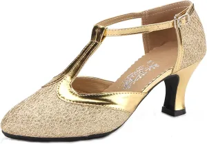Standard Ballroom Dance Shoes for Women, Closed Toe Latin Salsa Practice Performence Party Dancing Shoes, Rubber Sole (Color : Gold 3.5cm, Size : 8.5)