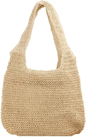Straw Beach Bags for Women,Summer Soft Large Woven Shoulder Handbag,Hobo Tote Bag for Vacation Swim Shopping Travel