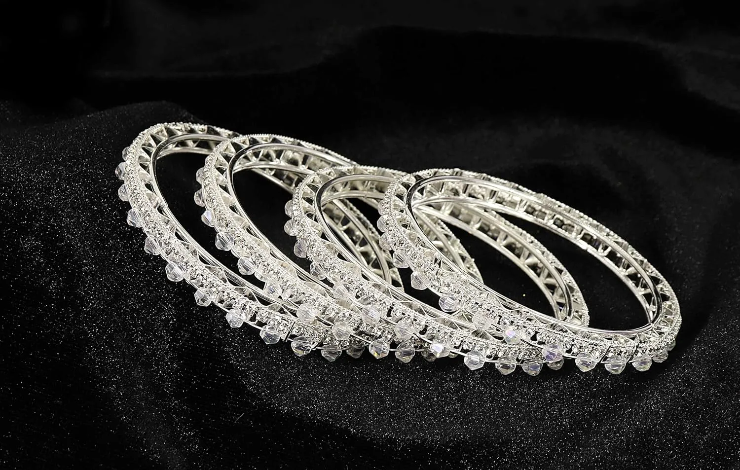 Stylish Metal with Zircon Stone Work & Pearls Bangles Set For Women & Girls | Fancy Metal Bangles Set | Diamond Bangles | Traditional Women's Bangles For Wedding, Party, Occasion- Set of 4